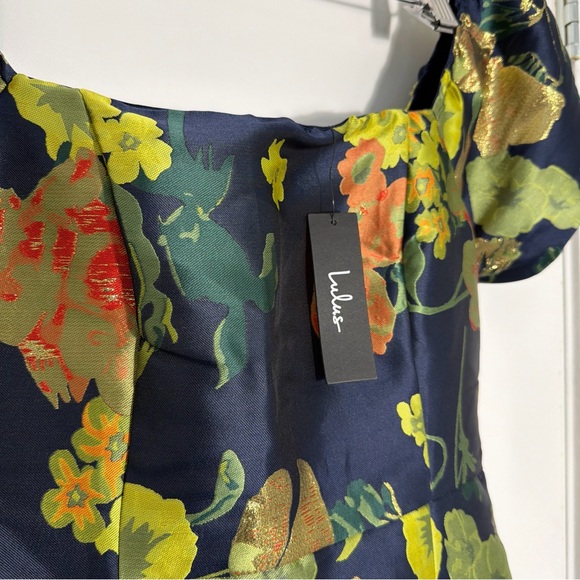 Lulus So Stunning Navy Blue Floral Jacquard Puff Sleeve Mini Dress - Picture 5 of 13